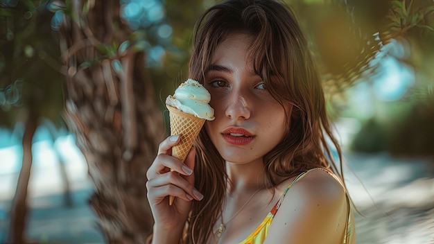 close up of a pretty girl eating ice cream woman with ice cream summer scene