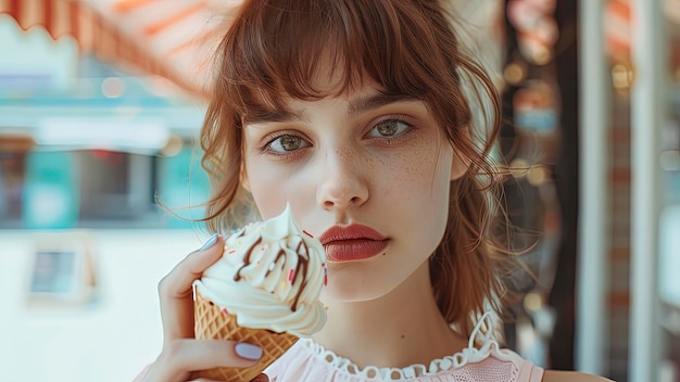 close up of a pretty girl eating ice cream woman with ice cream summer scene