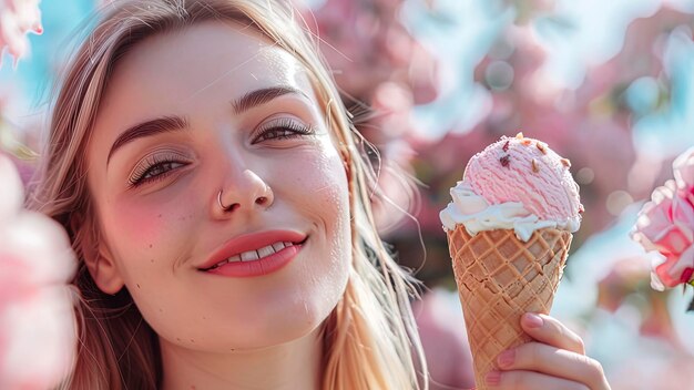 close up of a pretty girl eating ice cream woman with ice cream summer scene