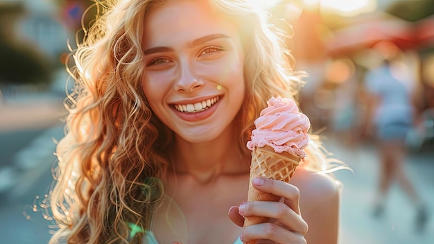 close up of a pretty girl eating ice cream woman with ice cream summer scene