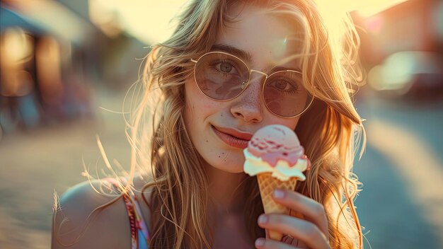 close up of a pretty girl eating ice cream woman with ice cream summer scene