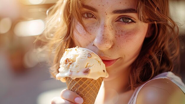 close up of a pretty girl eating ice cream woman with ice cream summer scene