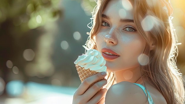 close up of a pretty girl eating ice cream woman with ice cream summer scene