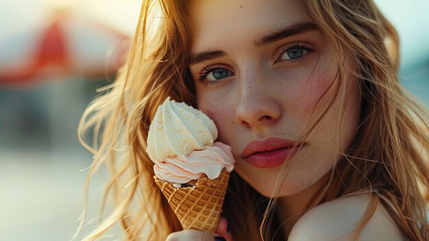 close up of a pretty girl eating ice cream woman with ice cream summer scene