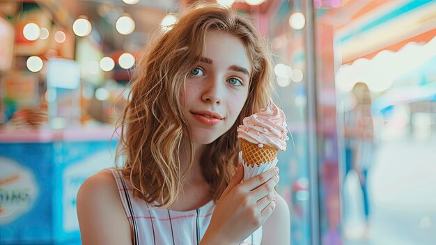 close up of a pretty girl eating ice cream woman with ice cream summer scene