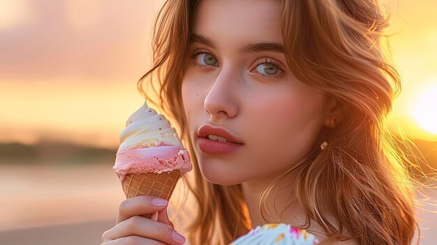 close up of a pretty girl eating ice cream woman with ice cream summer scene