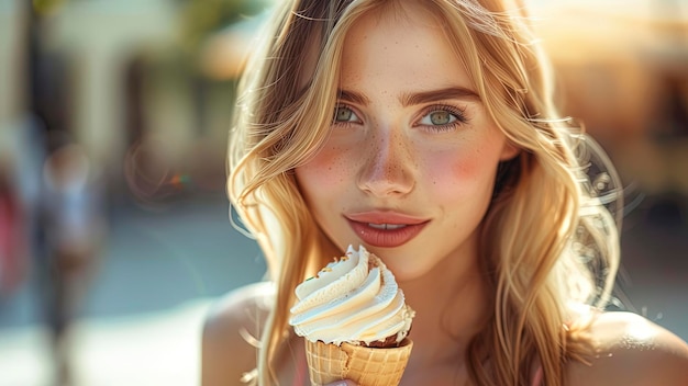 close up of a pretty girl eating ice cream woman with ice cream summer scene