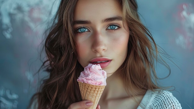 close up of a pretty girl eating ice cream woman with ice cream summer scene