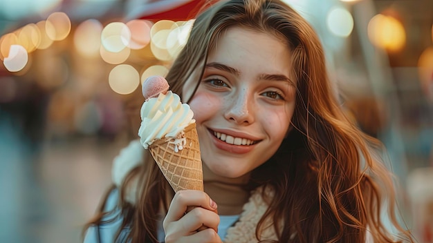 close up of a pretty girl eating ice cream woman with ice cream summer scene