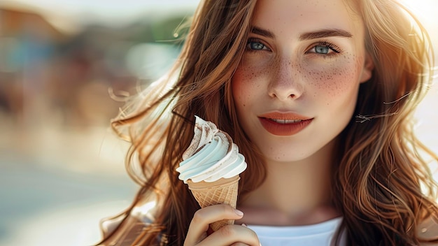 close up of a pretty girl eating ice cream woman with ice cream summer scene