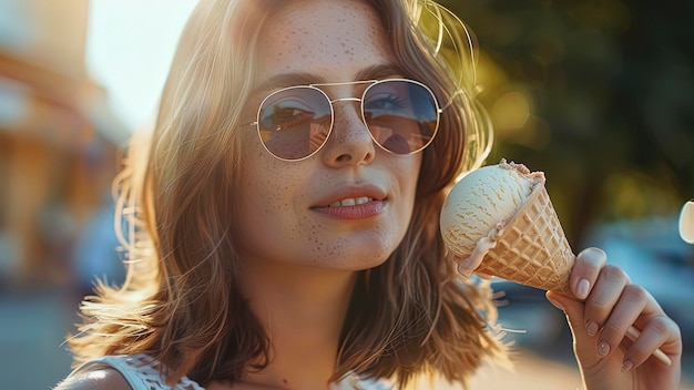 close up of a pretty girl eating ice cream woman with ice cream summer scene