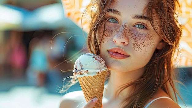 close up of a pretty girl eating ice cream woman with ice cream summer scene