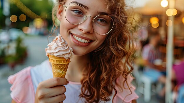 close up of a pretty girl eating ice cream woman with ice cream summer scene