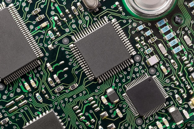 Close up of printed circuit board with electronic components top view