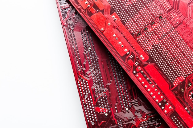 Close up of a printed red computer circuit board