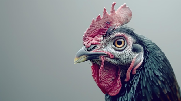 Close up profile headshot of chicken head on grey neutral studio background