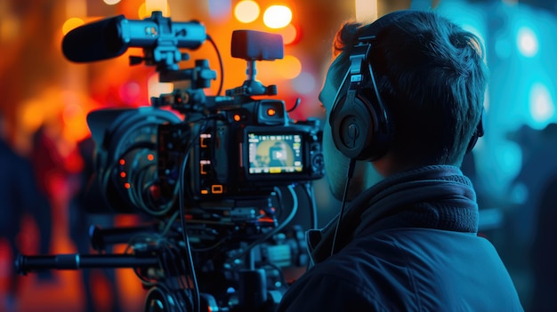 Close up profile headshot photo of Video camera man operator with equipment at night work