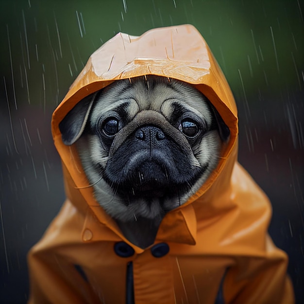 Close up of pug dog in raincoat generative ai