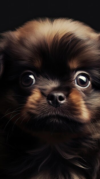 A close up of a puppy with big eyes