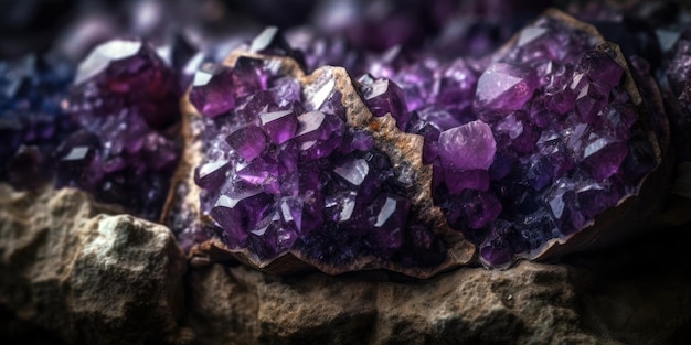 A close up of a purple amethyst geode on a rock