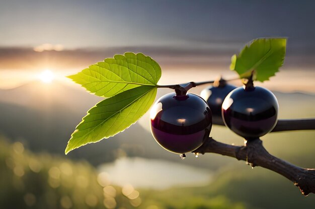 A close up of a purple berry with the sun shining on it