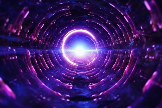 A close up of a purple and blue tunnel with a light at the end generative ai