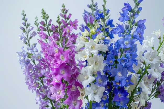 Photo close up of purple blue and white delphiniums in a bouquet