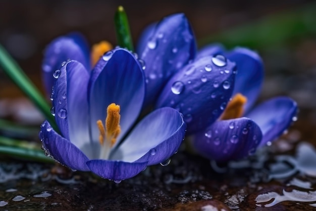 A close up of purple crocus flowers with raindrops on the ground Generative AI