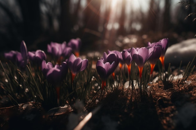 A close up of purple crocus flowers in the woods