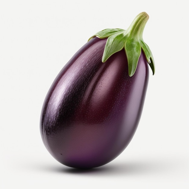 A close up of a purple eggplant with green leaves.