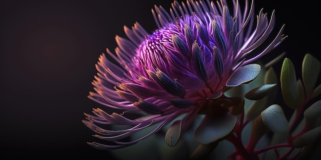 A close up of a purple flower on a black background generative AI