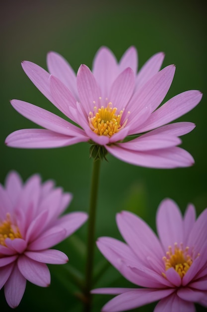 a close up of a purple flower with yellow center