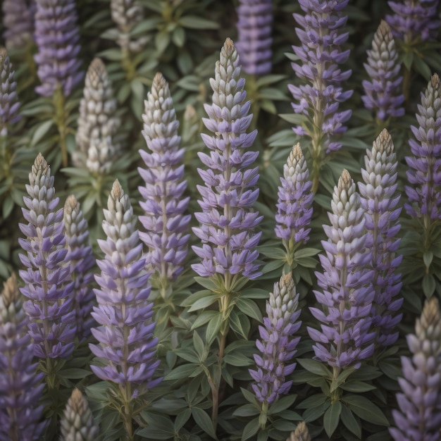 a close up of purple flowers with green leaves.