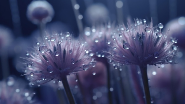 A close up of purple flowers with water droplets on them