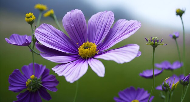 A close up of purple flowers with a yellow center