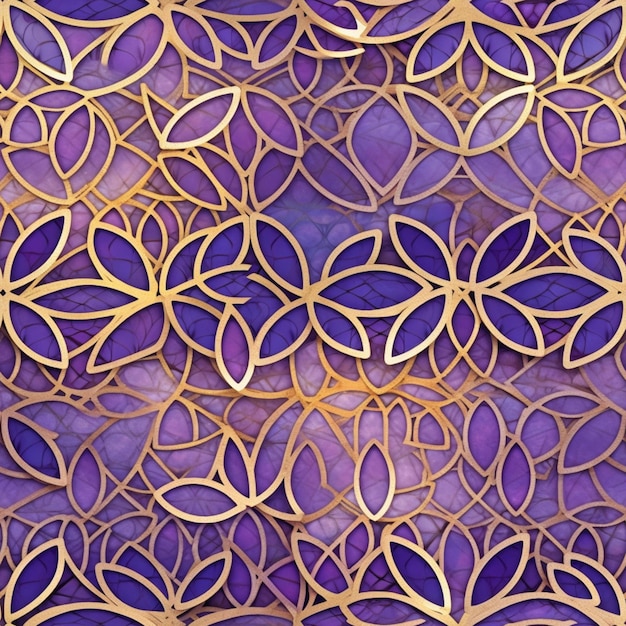 A close up of a purple and gold stained glass wall generative ai