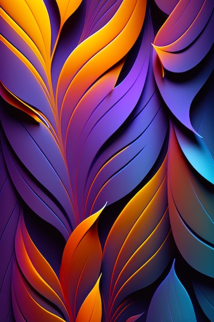 Close up of purple and orange background with pattern of leaves Generative AI