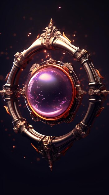 A close up of a purple orb in a gold frame generative ai