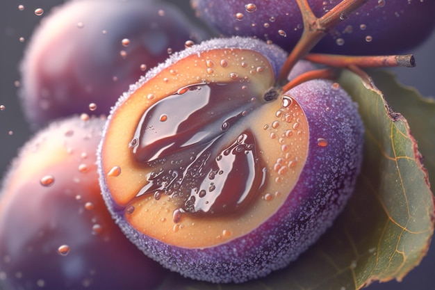 A close up of a purple plum with a brown liquid on the top.