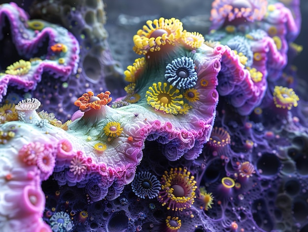 Photo a close up of a purple and yellow coral with the word coral