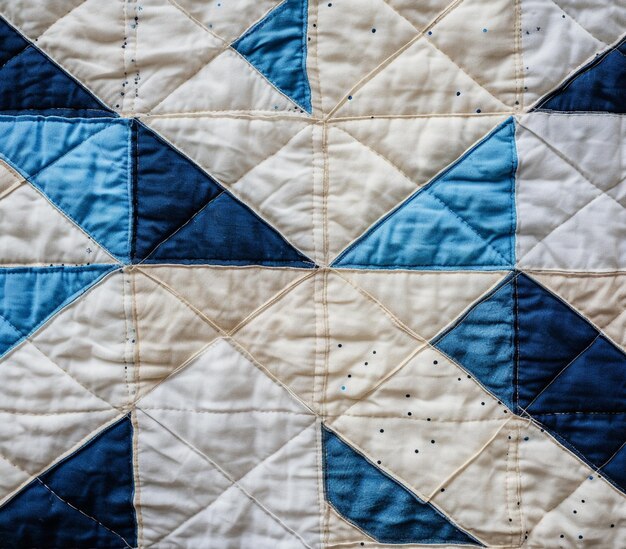 Photo a close up of a quilted quilt with a blue and white design generative ai