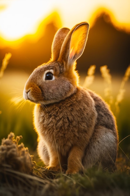 Close up of rabbit in field of grass with the sun in the background Generative AI