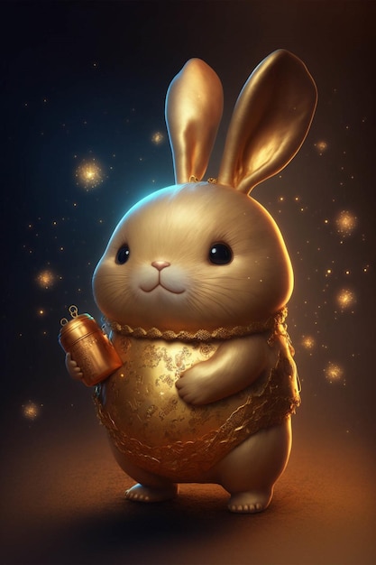 Close up of a rabbit holding a gold object generative ai