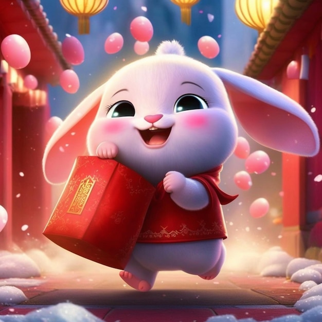 a close up of a rabbit holding a red box in its paws generative ai