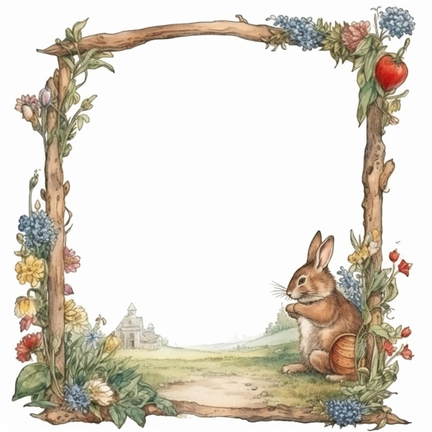 A close up of a rabbit sitting in a flowered frame generative ai