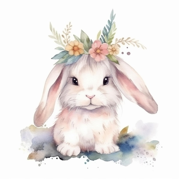 A close up of a rabbit with a flower crown on its head generative ai