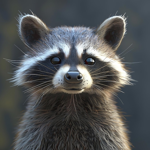 a close up of a raccoons face with the eyes open