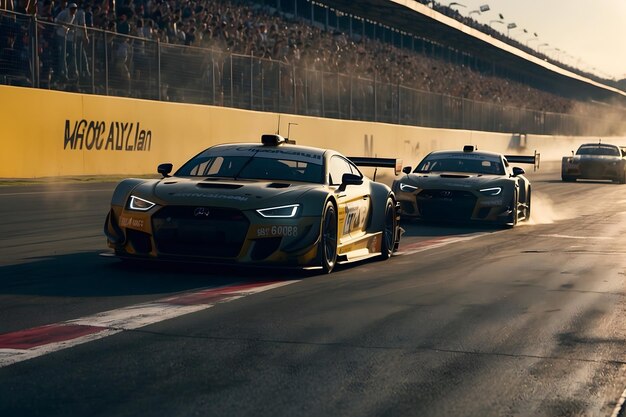 A close up of a race car on a racetrack with a dramatic background