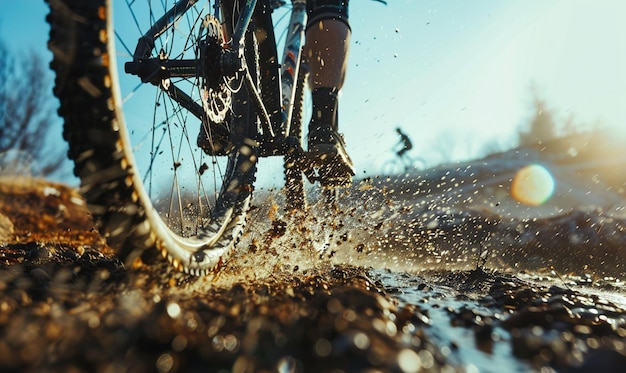 close up of racing bmx bike on an adventure forest track with the driver doing trick ai generated