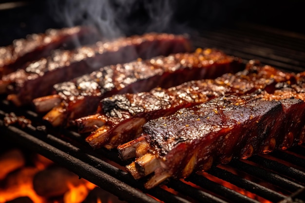 a close up of a rack of ribs on a grill